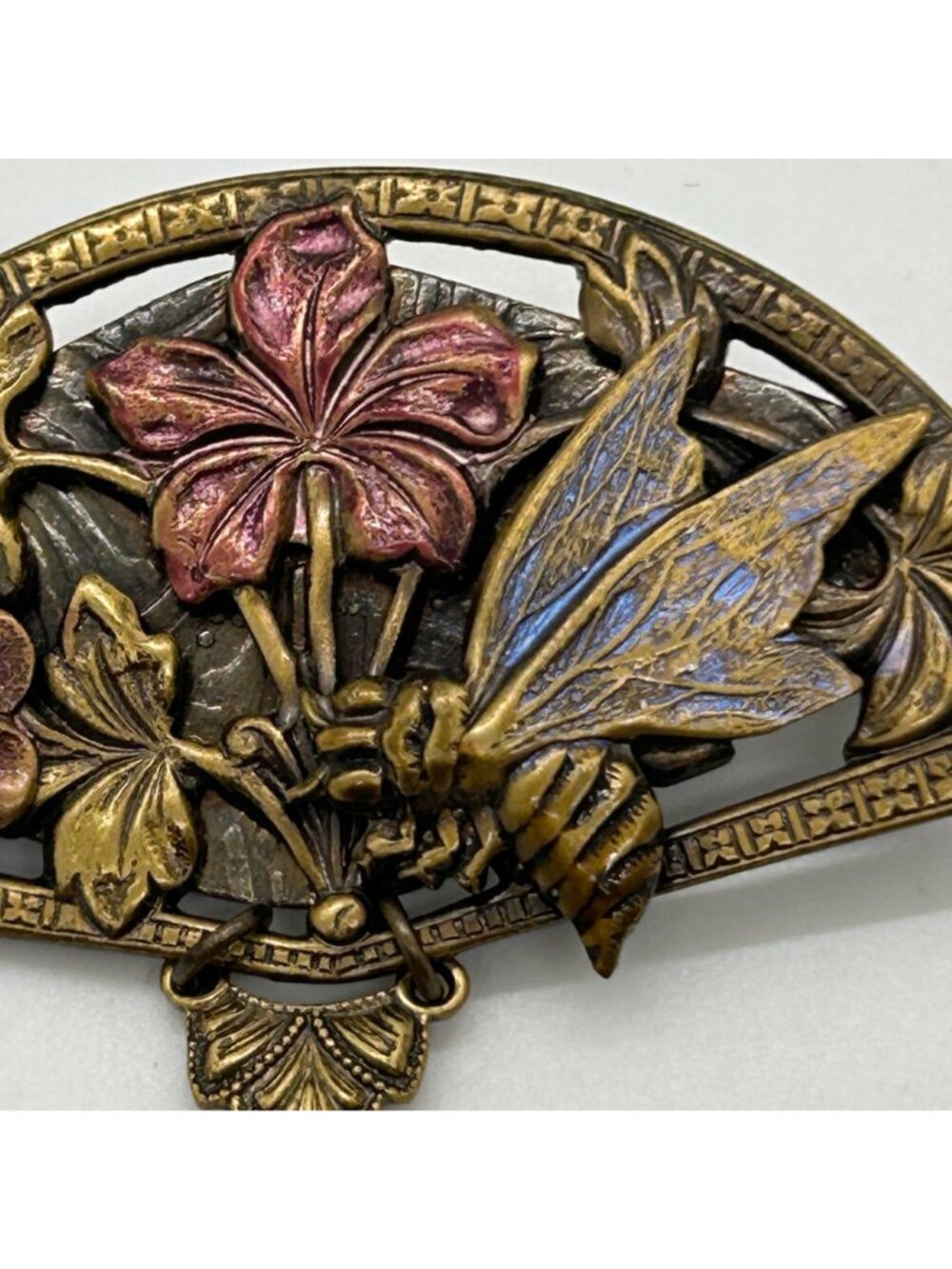 Vintage Art Nouveau Revival Brass Fan Brooch Enamel Bee Faux Pearl Dangles - Picture 5 of 13